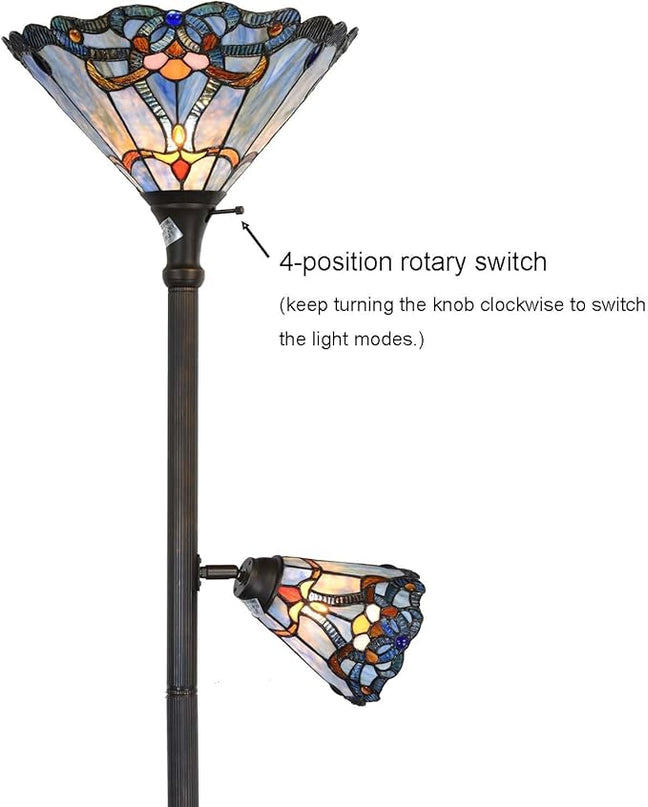 Bieye L10686 Baroque Tiffany Style Stained Glass Torchiere Floor Lamp with Sidelight for Reading Home Decor, 71-inch Tall - LeafyLoom
