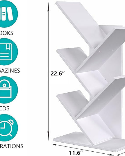 5 Tier Small Tree Bookshelf Desk Book Organizer Narrow Bookcases for Books Magazines CDs Free Standing Retro Wooden Storage Shelves for Home Office Bedroom Living Room White - LeafyLoom