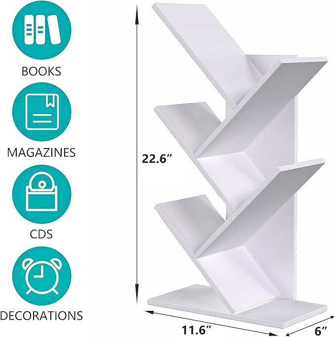 5 Tier Small Tree Bookshelf Desk Book Organizer Narrow Bookcases for Books Magazines CDs Free Standing Retro Wooden Storage Shelves for Home Office Bedroom Living Room White - LeafyLoom