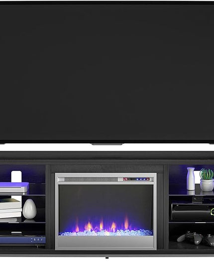 Ameriwood Home Lumina Fireplace TV Stand for TVs up to 70 Inch, Replaceable Electric Fireplace Insert Heater, Remote Control, Timer, Color Changing LED Lights, Crystal Ember Flames, Black Oak - LeafyLoom