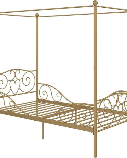 DHP Metal Canopy Kids Platform Bed with Four Poster Design, Scrollwork Headboard and Footboard, Underbed Storage Space, No Box Sring Needed, Twin, Gold - LeafyLoom