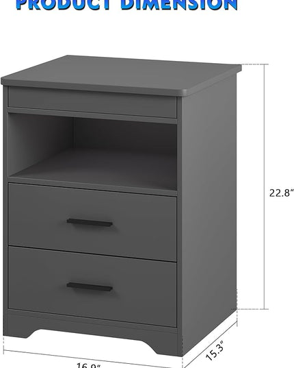 LED Nightstand with Gun Drawer, Modern Beside Table with Charging Station, Auto Sensor 3 Color Dimmable Night Stand with Open Compartment for Bedroom (Grey) - LeafyLoom
