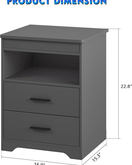 LED Nightstand with Gun Drawer Set of 2, Modern Beside Table with Charging Station, Auto Sensor 3 Color Dimmable Night Stand for Bedroom (Grey) - LeafyLoom