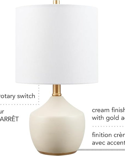 Globe Electric Novogratz x 61000042 Novogratz x Globe 16" Ceramic Table Lamp, Cream Finish, Concrete Textured Body, Brass Base, White Linen Shade, Brass Accents, On/Off Rotary Switch on Socket - LeafyLoom