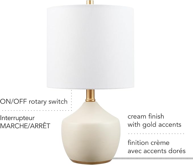 Globe Electric Novogratz x 61000042 Novogratz x Globe 16" Ceramic Table Lamp, Cream Finish, Concrete Textured Body, Brass Base, White Linen Shade, Brass Accents, On/Off Rotary Switch on Socket - LeafyLoom