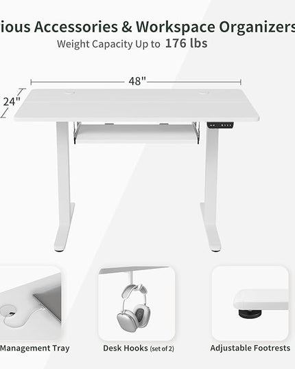 BANTI 48" x 24" Height Adjustable Electric Standing Desk with Keyboard Tray, Sit Stand up Desk with Splice Board, White Frame/White Top - LeafyLoom