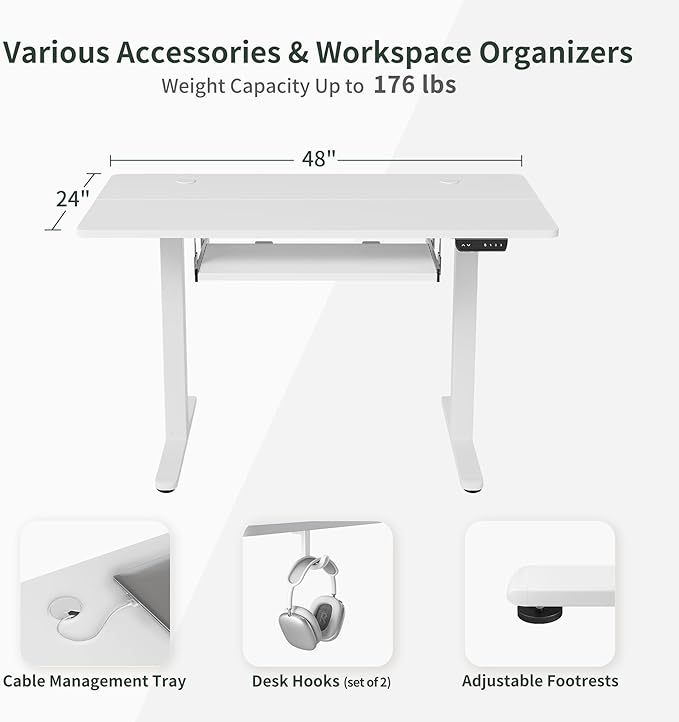 BANTI 48" x 24" Height Adjustable Electric Standing Desk with Keyboard Tray, Sit Stand up Desk with Splice Board, White Frame/White Top - LeafyLoom