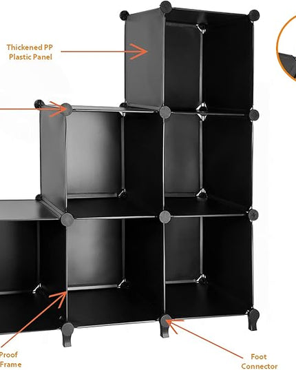 Gold Armour Cube Storage 6-Cube Bookshelf Closet Organizer Storage Shelves Shelf Cubes Organizer Plastic Square Bookcase DIY Closet Cabinet Organizer Shelving for Home Office Bedroom (Black) - LeafyLoom