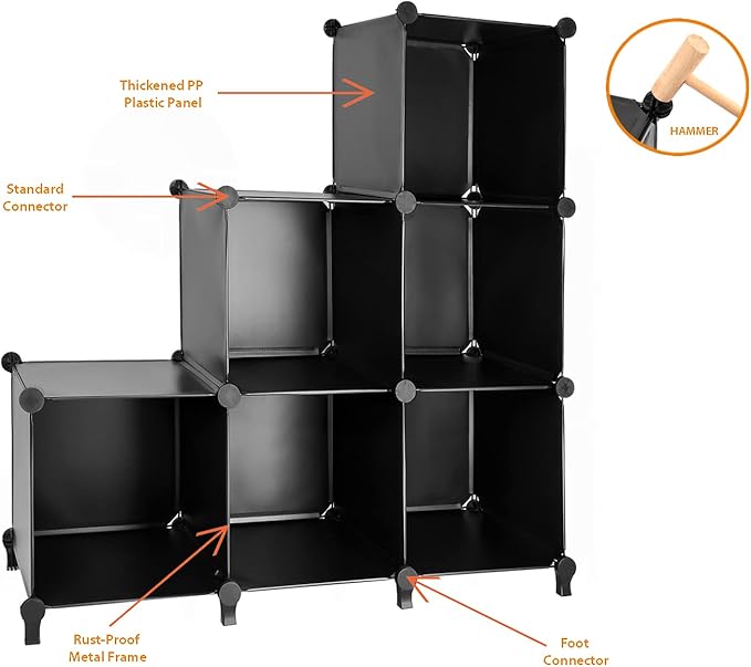 Gold Armour Cube Storage 6-Cube Bookshelf Closet Organizer Storage Shelves Shelf Cubes Organizer Plastic Square Bookcase DIY Closet Cabinet Organizer Shelving for Home Office Bedroom (Black) - LeafyLoom