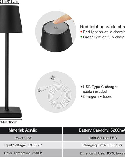 2 Pack Cordless Table Lamp Rechargeable LED Desk Lamp 5200mAh Aluminum Shell Battery Lamps Stepless Dimmable Portable Table Lights for Dinner/Restaurant/Outdoor IP54 Waterproof Black - LeafyLoom