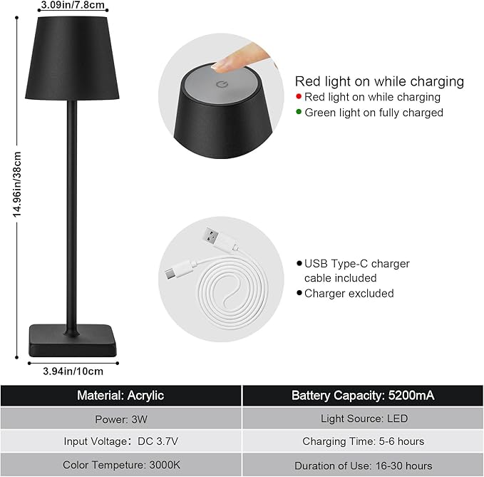 2 Pack Cordless Table Lamp Rechargeable LED Desk Lamp 5200mAh Aluminum Shell Battery Lamps Stepless Dimmable Portable Table Lights for Dinner/Restaurant/Outdoor IP54 Waterproof Black - LeafyLoom