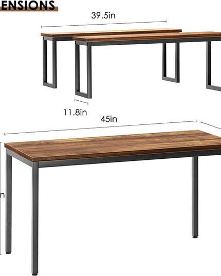 soges Kitchen Table Set with 2 Benches, Bench Dining Table Set for 4, 3 Piece Dining Room Table and Long Benches, Breakfast Table Coffee Table Set, Industrial Style Wooden Kitchen and Dining Room Set - LeafyLoom