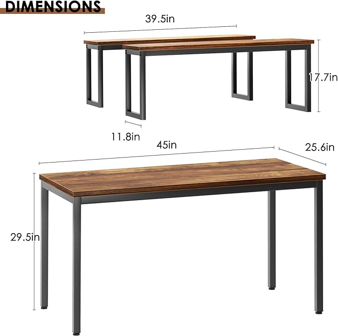 soges Kitchen Table Set with 2 Benches, Bench Dining Table Set for 4, 3 Piece Dining Room Table and Long Benches, Breakfast Table Coffee Table Set, Industrial Style Wooden Kitchen and Dining Room Set - LeafyLoom
