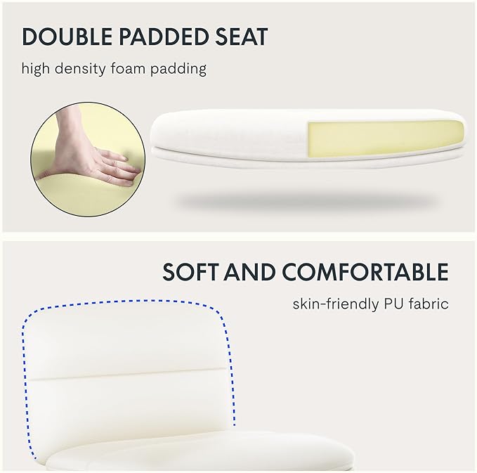 FLEXISPOT Cross Legged Office Chair Armless Desk Chair Comfy Wide Seat Criss Cross Chair with Wheels Vanity Chair for Living Room Bedroom Study Room(White Light Beige) - LeafyLoom