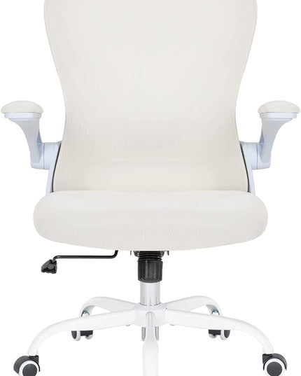 Desk Chair Mesh Office Chair with Flip-up Arms Mid Back Swivel Computer Chair Home Office Work Chair Girls Women's Desk Chair (White) - LeafyLoom