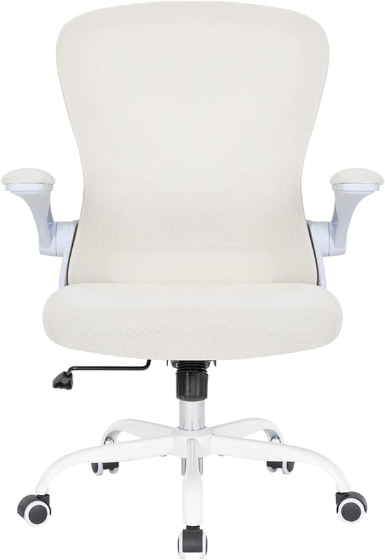 Desk Chair Mesh Office Chair with Flip-up Arms Mid Back Swivel Computer Chair Home Office Work Chair Girls Women's Desk Chair (White) - LeafyLoom