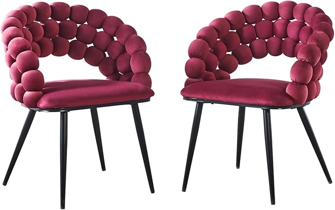 Fuchsia Woven Velvet Barrel Accent Chairs with Black Metal Legs, Upholstered Armchair for Dining Room Vanity Living Room - LeafyLoom