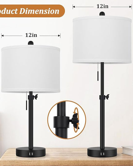 Table Lamp for Bedroom Set of 2, 23" to 30" Height Adjustable Bedside Lamp with 2 USB Ports, Black Nightstand Lamp with White Shade, Modern Pull Chain Table Lamp for Living Room End Table - LeafyLoom