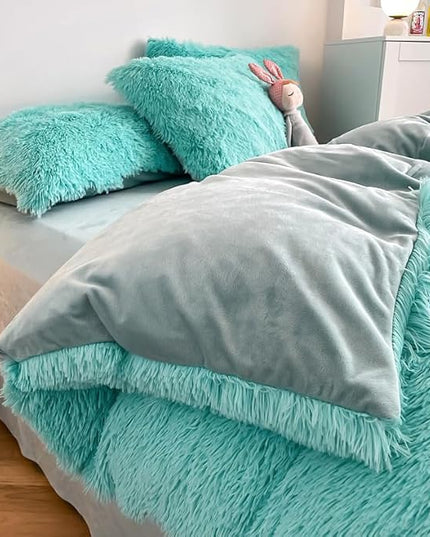 Faux Fur Kids Girls Sky Blue Comforter Sets Queen - 3PC Bed Set Warm Comfortable Soft Plush Flannel Velvet Fluffy Fuzzy Bedding（Comforter x 1 Pillowcases x 2） - LeafyLoom