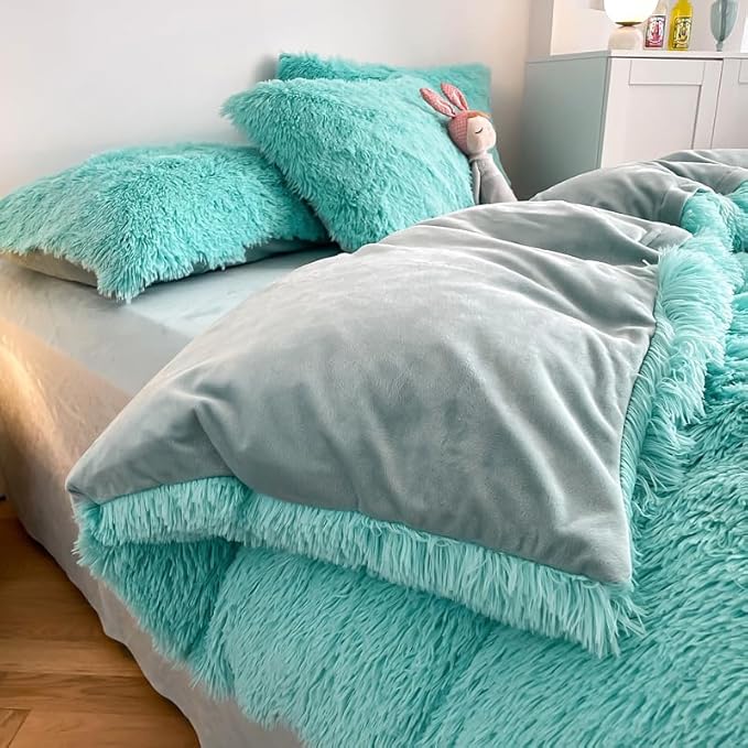 Faux Fur Kids Girls Sky Blue Comforter Sets Queen - 3PC Bed Set Warm Comfortable Soft Plush Flannel Velvet Fluffy Fuzzy Bedding（Comforter x 1 Pillowcases x 2） - LeafyLoom