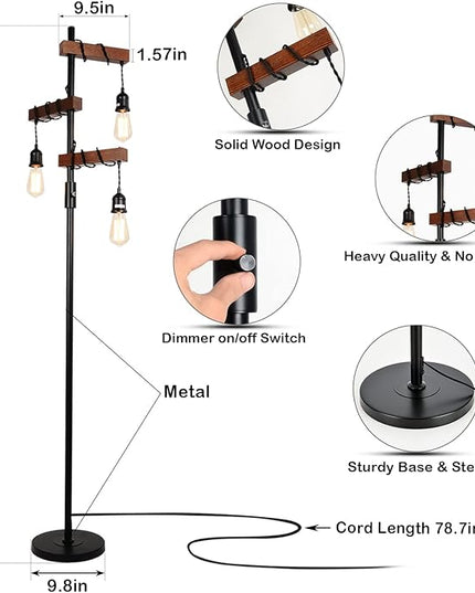 Dimmable Industrial Floor Lamp, Farmhouse Tree Floor Lamp, 68 Inch 3 Lights Wood Standing Lamp, Sturdy Base Tall Vintage Pole Light, Metal Black Floor Lamps for Living Room Bedroom Office Rustic Home - LeafyLoom