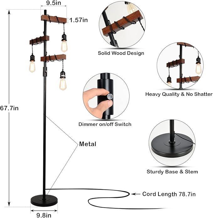 Dimmable Industrial Floor Lamp, Farmhouse Tree Floor Lamp, 68 Inch 3 Lights Wood Standing Lamp, Sturdy Base Tall Vintage Pole Light, Metal Black Floor Lamps for Living Room Bedroom Office Rustic Home - LeafyLoom