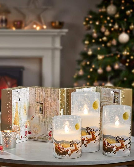 DRomance Santa Claus Glass Flameless Candles Battery Operated Remote and Timer Real Wax LED Flickering Pillar Candles White Cold Light Window Christmas Holiday Decor D3 x H4, 5", 6" DRomance