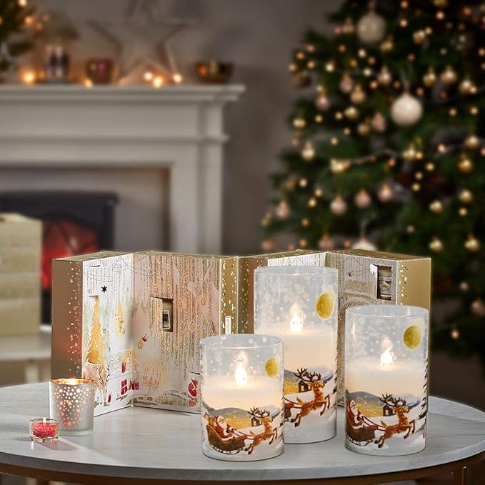 DRomance Santa Claus Glass Flameless Candles Battery Operated Remote and Timer Real Wax LED Flickering Pillar Candles White Cold Light Window Christmas Holiday Decor D3 x H4, 5", 6" DRomance