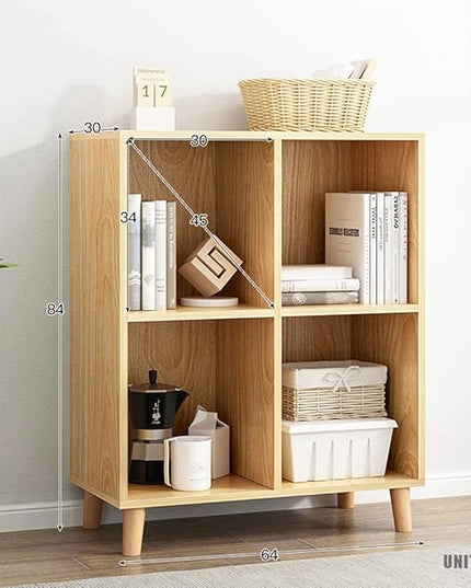 IOTXY Freestanding Open Cubes Bookcase - 2-Tier Floor Standing Wooden Storage Display Cabinet Organizer with Legs for Home Office, 4-Cubes Open Shelf Low Short Bookshelf, Oak - LeafyLoom