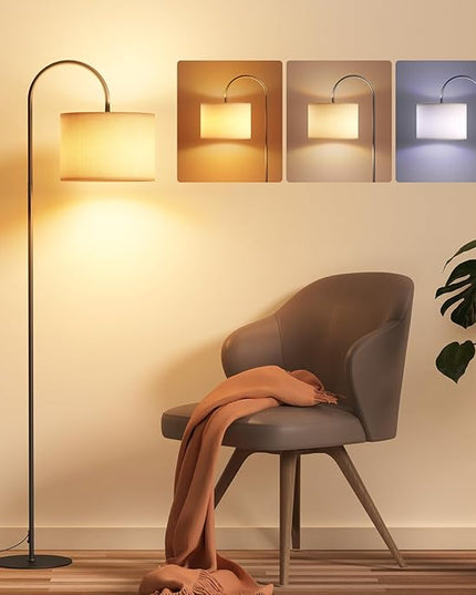Floor Lamps for Living Room - 12W LED Bulb Modern Standing Lamp with Linen lampshade, 3 Color Temperatures Corner Floor Lamp for Office Study Room, Tall Reading Light with Adjust Head - LeafyLoom
