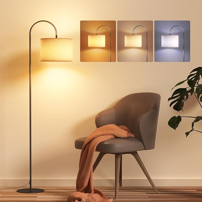 Floor Lamps for Living Room - 12W LED Bulb Modern Standing Lamp with Linen lampshade, 3 Color Temperatures Corner Floor Lamp for Office Study Room, Tall Reading Light with Adjust Head - LeafyLoom
