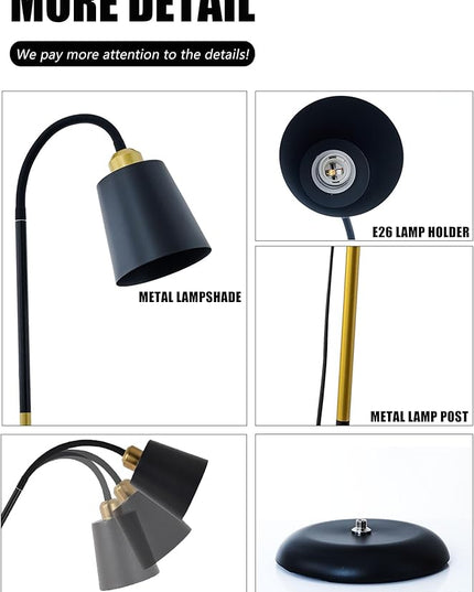 AoMck Floor Lamp, Industrial Metal Floor Standing Lamps Bendable Floor Lamp with Adjustable Gooseneck 2 in 1 Floor Reading Table Lamps for Living Room Bedroom Office(Black) - LeafyLoom