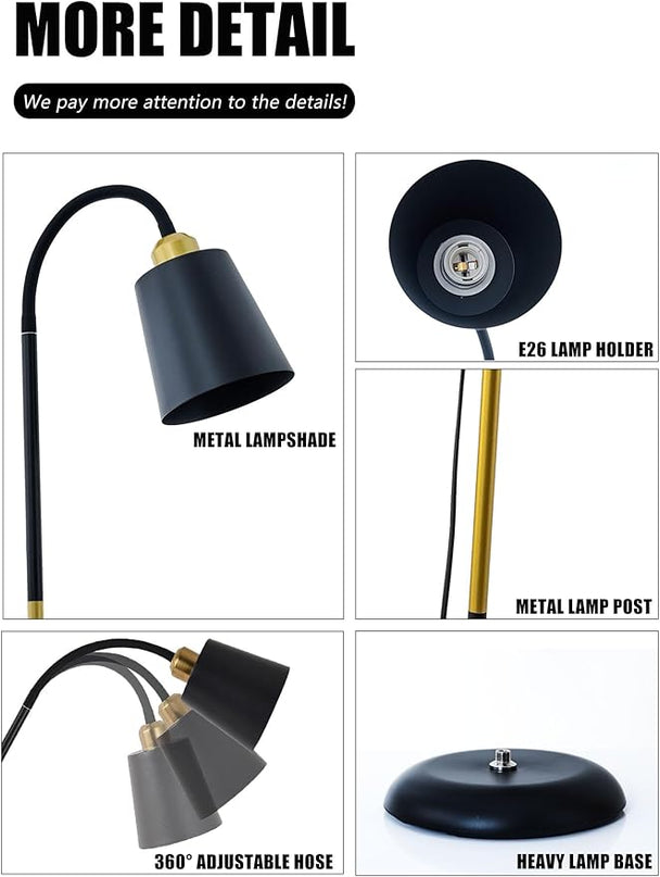 AoMck Floor Lamp, Industrial Metal Floor Standing Lamps Bendable Floor Lamp with Adjustable Gooseneck 2 in 1 Floor Reading Table Lamps for Living Room Bedroom Office(Black) - LeafyLoom