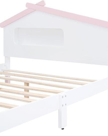 Bellemave Full Size Platform Bed with House-Shaped Headboard and Motion Activated Night Lights,Wood Twin Kids Bed Frame for Girls,Boys(Twin,Pink) - LeafyLoom