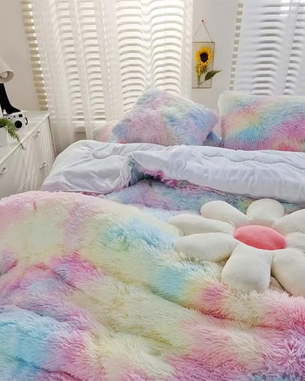 Faux Fur Kids Girls Cow Print Comforter Sets Twin/Full - 3PC Bed Set Warm Comfortable Soft Plush Flannel Velvet Fluffy Fuzzy Bedding（Comforter x 1 Pillowcases x 2） - LeafyLoom