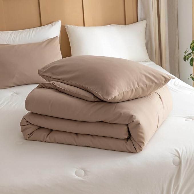 ROSGONIA California King Comforter Set Taupe Brown, 3pcs (1 Boho Tan Cal King Comforter & 2 Pillowcases), Soft Bedding Lightweight Bedspread Blanket - LeafyLoom