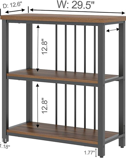 FOLUBAN Bookshelf, Small Modern 3 Tier Bookcase, Wood and Metal Standing Storage Book Shelves for Living Room, Office, Bedroom (Rustic Walnut) - LeafyLoom