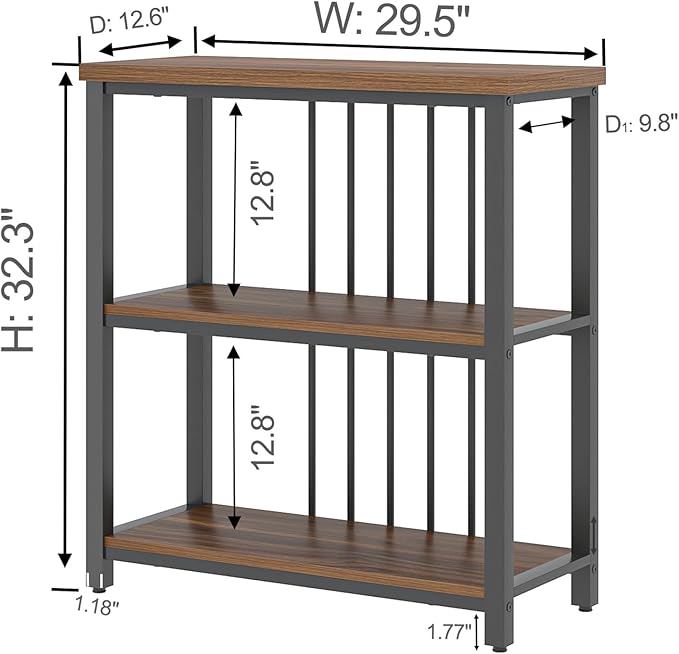FOLUBAN Bookshelf, Small Modern 3 Tier Bookcase, Wood and Metal Standing Storage Book Shelves for Living Room, Office, Bedroom (Rustic Walnut) - LeafyLoom