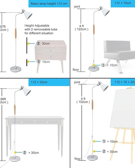Height Adjustable Reading Floor Lamp,Industrial Modern Style,360°Rotatable Shade,White & Brushed Nickel Finsh, 3color Adjustable,for Living Room,Office,Bedroom Reading,Easel Work (White+Wood) - LeafyLoom