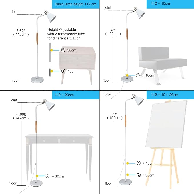 Height Adjustable Reading Floor Lamp,Industrial Modern Style,360°Rotatable Shade,White & Brushed Nickel Finsh, 3color Adjustable,for Living Room,Office,Bedroom Reading,Easel Work (White+Wood) - LeafyLoom