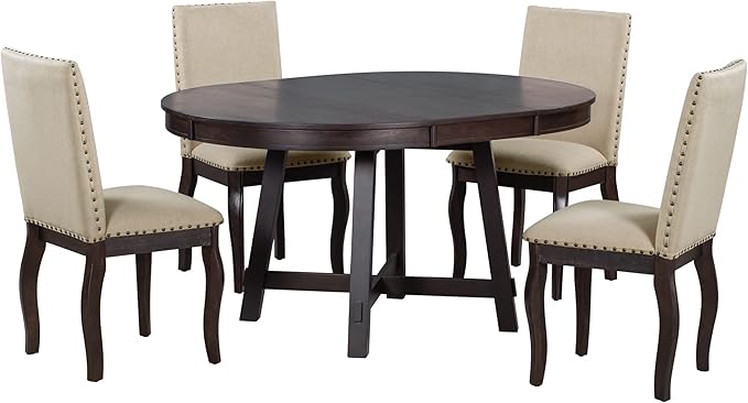 5 Piece 5 Pcs Farmhouse Style Room Furniture Set, Round Retractable 4 Upholstered Curved Legs and Nail Head Trim, Modern Leisure Dining Table and Chair, Espresso + Beige - LeafyLoom