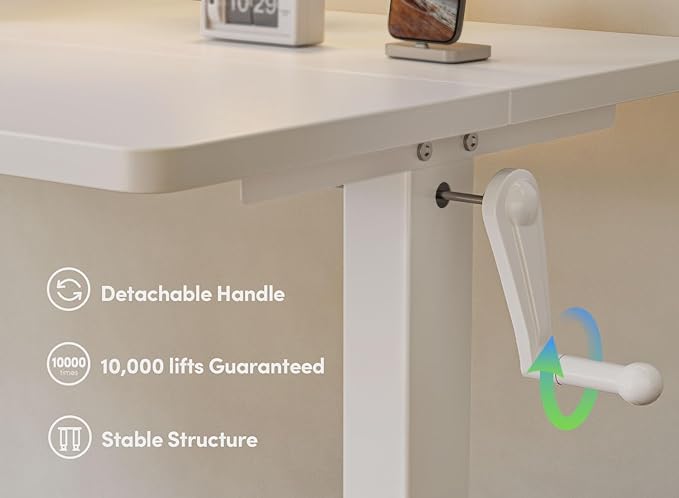 FEZIBO Crank Height Adjustable Desk, 48 Inches Manual Standing Desk, Writing Table with Handle, Home Office Desk with White Frame/White Table Top - LeafyLoom