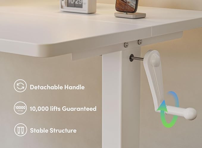 FEZIBO Crank Height Adjustable Desk, 55 Inches Manual Standing Desk, Writing Table with Handle, Home Office Desk with White Frame/White Table Top - LeafyLoom