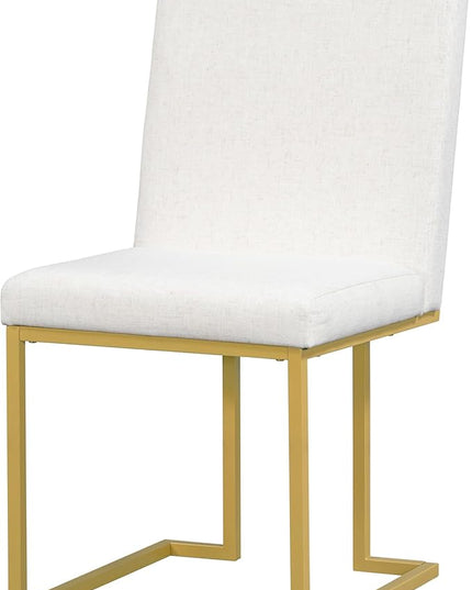 7-Piece Modern Dining Table Set, Artificial Marble Sticker Tabletop and 6 Upholstered Linen Chairs All with Golden Steel Legs for Dinette Room and Kitchen (White+Gold), 60" L x 36" W x 30" H - LeafyLoom