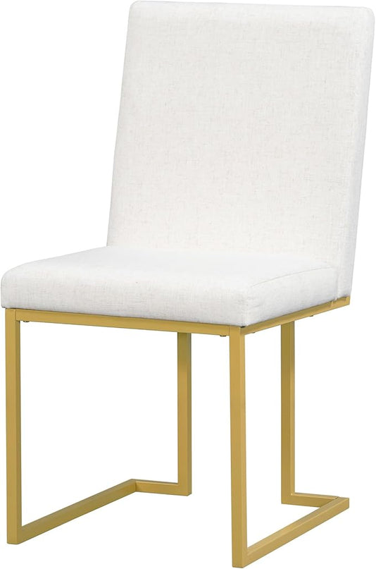 7-Piece Modern Dining Table Set, Artificial Marble Sticker Tabletop and 6 Upholstered Linen Chairs All with Golden Steel Legs for Dinette Room and Kitchen (White+Gold), 60" L x 36" W x 30" H - LeafyLoom