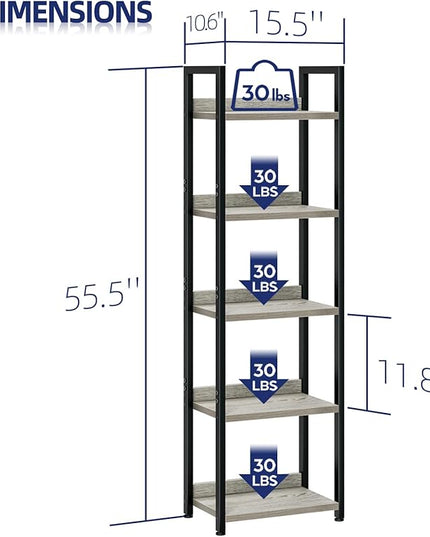 NUMENN Narrow Bookshelf, 5 Tier Bookshelves, Home Office Bookcase Shelf Storage Organizer, Free Standing Storage Shelving Unit for Bedroom, Living Room and Home Office, Grey - LeafyLoom