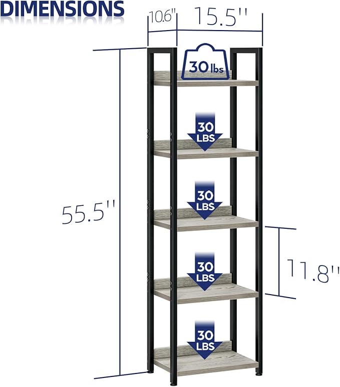 NUMENN Narrow Bookshelf, 5 Tier Bookshelves, Home Office Bookcase Shelf Storage Organizer, Free Standing Storage Shelving Unit for Bedroom, Living Room and Home Office, Grey - LeafyLoom