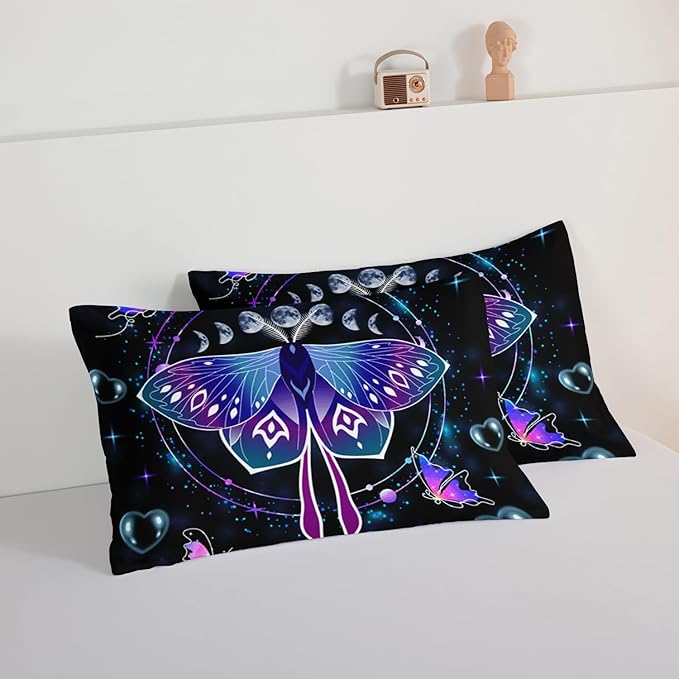 HOSIMA Butterfly Comforter Set with 2 Pillowcases,Moon Starry Sky Galaxy Comforter Butterfly Room Decor Aesthetics,Blue Heart -Shaped Bubble King Size Comforter Set for Adults Kids Black Comforter. - LeafyLoom