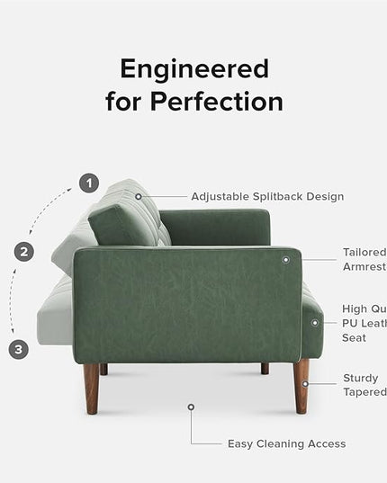mopio Aaron Couch, Small Sofa, Futon, Sofa Bed, Sleeper Sofa, Loveseat, Mid Century Modern Futon Couch, Sofa Cama, Couches for Living Room, Bedroom (Sage Green, Faux Leather) - LeafyLoom