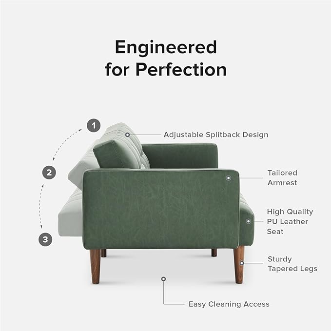 mopio Aaron Couch, Small Sofa, Futon, Sofa Bed, Sleeper Sofa, Loveseat, Mid Century Modern Futon Couch, Sofa Cama, Couches for Living Room, Bedroom (Sage Green, Faux Leather) - LeafyLoom